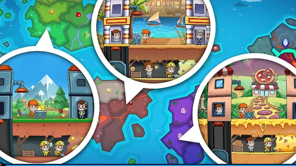 Idle Miner Tycoon — a world map showing several mining continents